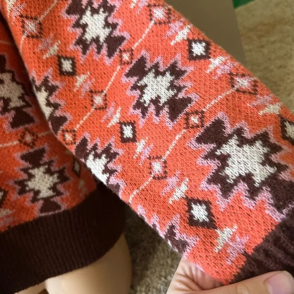 Cozy Brown and Red Patterned Women's Sweater - Picture 4 of 7